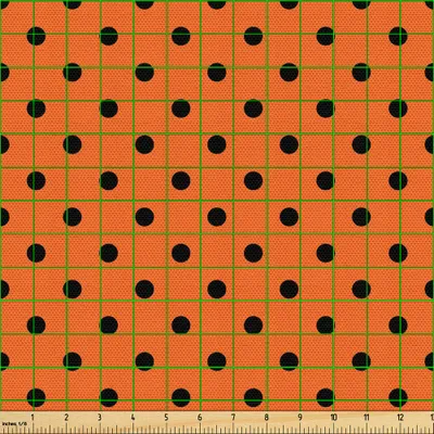 Produktbild von ABAKUHAUS Orange Gewebe als Meterware, Vintage Retro Entwurfs-kleine schwarze Tupfen mit orange Hintergrund-klassischer Fliese, 2 M (148 x 200 cm), Orange Schwarz