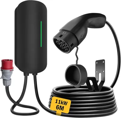 Zdjęcie produktu dla Stacja ładowania pojazdów elektrycznych, ładowarka EV, 7 kW / 11 kW / 22 kW, typ 2, standard europejski, wtyczka IEC 62196-2 z kablem zasilającym do rozdzielnicy, przenośna, szybka, ścienna, 6,1 m