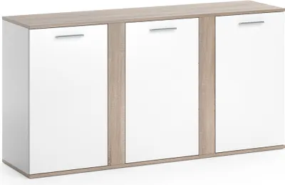 A modern, three-door sideboard or cabinet with a white front and wood-grain accents.