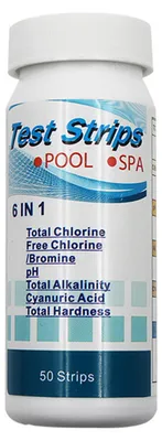 Immagine prodotto di Kit di analisi per piscina e spa 6 in 1 - Strisce reattive per cloro e durezza dell'acqua - 50 pezzi