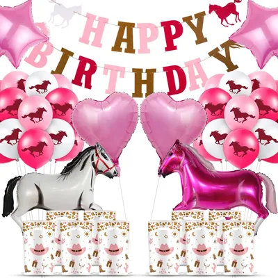 Image de Kit de décoration pour anniversaire pour filles - Thème cheval avec ballons