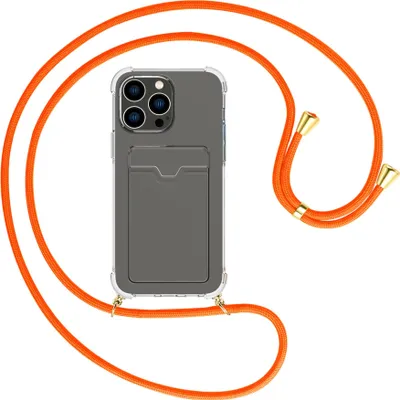 Produktbild von Handykette Backcover-Schutzhülle mit Band (Metall goldfarben) für Apple iPhone 15 Pro Max - neonorange