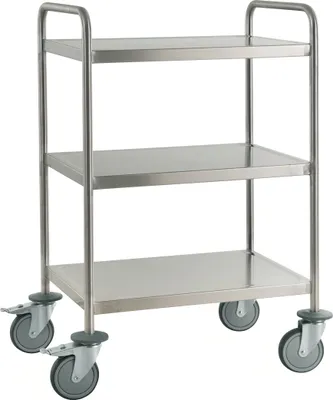 Produktbild von Kongamek Edelstahl- Tischwagen vollständig geschweißt mit Schiebegriffen, 3 Ladeflächen 800x550mm Gummibereifung rostfrei und Bremse