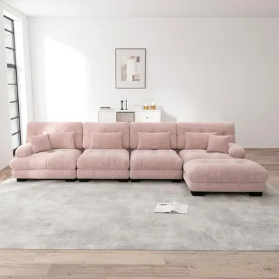 Zdjęcie produktu dla Narożnik modułowy Sweiko, zestaw kanap w kształcie litery L do salonu, 4-osobowa wygodna kanapa w chmurze z ruchomą otomaną, kombinacja DIY, szenil, różowy