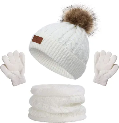 Image de Bonnet d'hiver ASKSA Enfants Echarpe Gants Filles Set Bonnet Tricoté Bébé 1-4 ans, Blanc