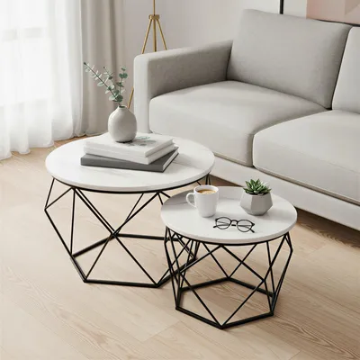 Obrázek produktu pro Kulatá sada konferenčních stolků, 2 kusy, moderní design | Bílá a černá | 60x60x45 cm
