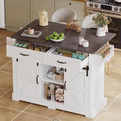 Immagine prodotto di Isola da cucina con piano di lavoro pieghevole, carrello da cucina su ruote, dimensioni 120x45(70)x91 cm, colore bianco