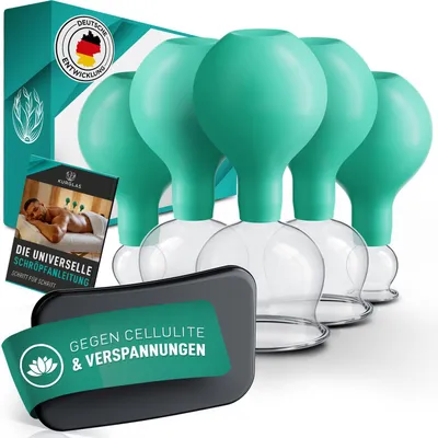 Produktbild von KURGLAS Schröpfgläser aus Echtglas [5 Stück] - Medizinisches Schröpfen mit Saugball & Faszienschaber - Schröpfen mit starker Saugleistung - mit e-Book