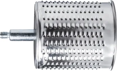 A close-up side view of a metal grater attachment with a threaded shaft.