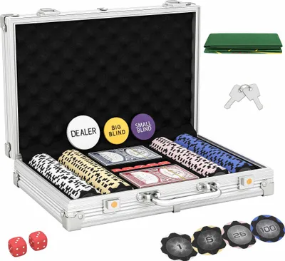 Produktbild von Pokerchip-Set mit Etui, Würfeln, Dealer-Button und 2 Kartenspielen