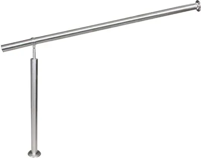A stainless steel handrail for stairs or entrances, mounted on a white background.