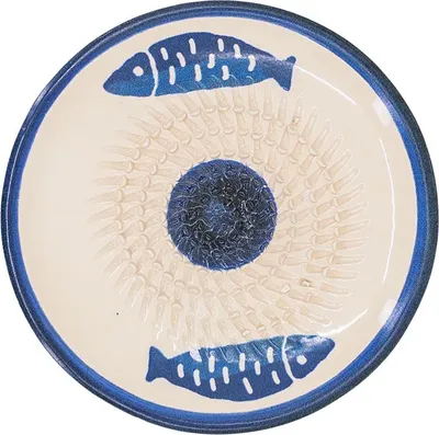 Produktbild von Kaladia Keramik Reibeteller Weiß mit Fischen - zum Zerkleinern von Zutaten - 12cm - spülmaschinenfest