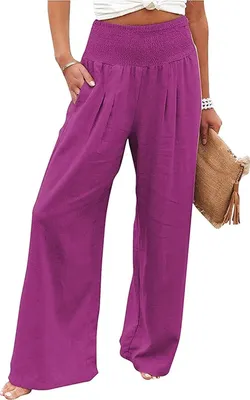 Produktbild von ASKSA Damen Weite Palazzo Hose Leinenhose High Waist Freizeithose Locker Lang Sommerhose, Rot, XL