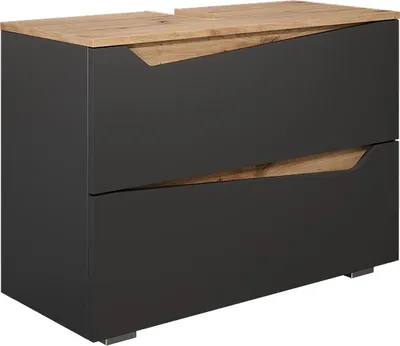 A modern two-drawer vanity unit with a wood-effect top and anthracite-colored drawers.