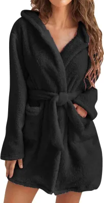 Produktbild von Damen-Nachthemd mit Kapuze, Plüsch-Winterbademantel mit Taschen, einfarbiger Flanell-Pyjama mit Bindegürtel für Zuhause, Sauna, Urlaub, Party