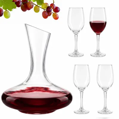 Produktbild von Relaxdays Weingläser, 4er Set, 360 ml, Dekanter, 1,8 l, spülmaschinenfest, Gläser, Weinkelche mit Stiel, transparent