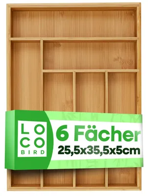 Productafbeelding van Bestekbak van bamboe, 6 vakken, 25,5 x 35,5 x 5 cm, verstelbare bestekbak