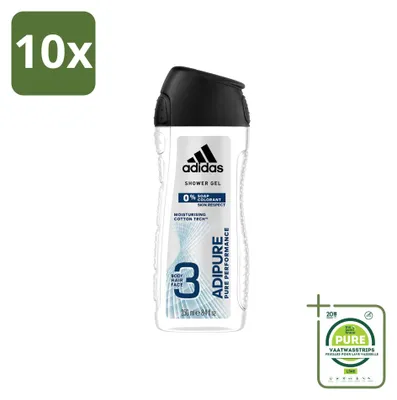 Obrázek produktu pro 10 kusů sprchového gelu a šamponu 2 v 1 Adidas Adipure, objem 250 ml – velkopack