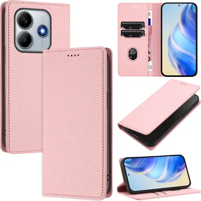 Produktbild von Litchi Leder Handyhülle für Xiaomi Redmi Note 14 4G Wallet Kartenfächer Standfunktion Hülle Pink