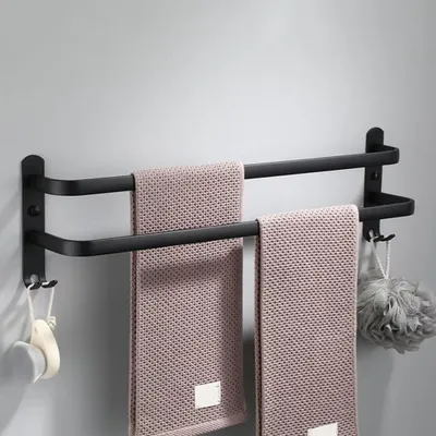 Image de Porte-serviettes sans perçage, noir ; barre murale pour salle de bains et cuisine ; porte-serviettes en aluminium avec 2 crochets ; barre adhésive, noir, double épaisseur, 60 cm