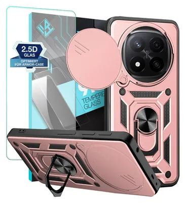 A collage of images showing a rose gold phone case with a built-in ring stand and a screen protector.