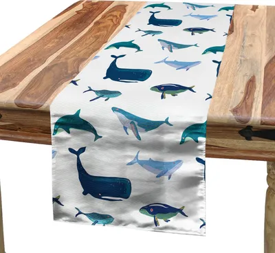 Produktbild von ABAKUHAUS Wal Tischläufer, Verschiedene Arten der Schwimmen-Marine-Charaktere in der Hand gezeichneten Art nautisch, 40 x 180 cm, Teal Dunkelblau Weiß