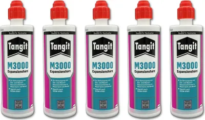 Five bottles of Tangit M3000 Expansion Resin are lined up against a white background.