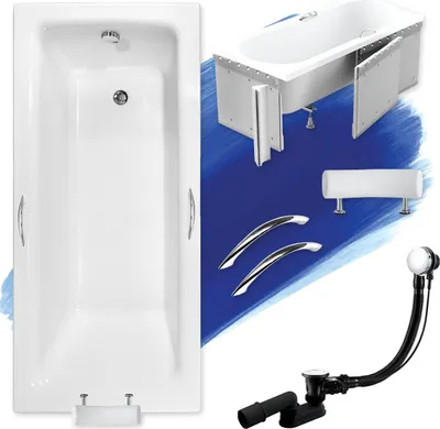 Produktbild von Badewanne Rechteck 170x75 mit Styropor + Handgriffen + Kopfstütze, Ablauf & Füße GRATIS | Komplettset 6in1 Acryl Wanne | BADLAND TALIA PREMIUM
