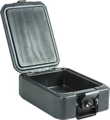 A black fireproof document box with its lid open, shown against a white background.