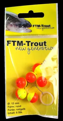 Produktbild von FTM Trout Piloten rund - 6 Pilotkugeln zum Forellenangeln, Farbe/Durchmesser/Inhalt:rot/gelb / 12mm / 6 Stück