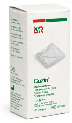 Produktbild von GAZIN Mullkomp.5x5 cm unsteril 8fach Op 100St PZN 03959358
