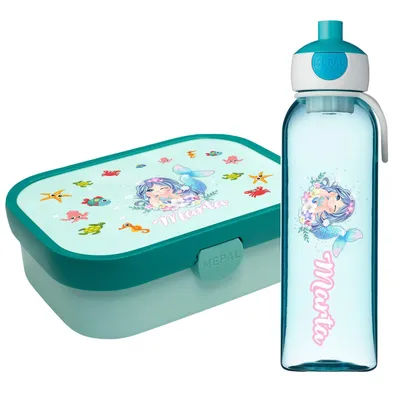 Produktbild von Lunchbox Set für Kinder Mädchen zur Schule Personalisiert mit Namen Brotdose Wasserflasche Trinkflasche BPA frei Essen für Unterwegs mit Gabel und Bento Fach To Go Mermaid [153]