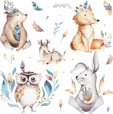 Produktbild von Wandaufkleber Kinderzimmer – Wandsticker für Baby & Kinder – Selbstklebende Wanddekoration – Abnehmbar ohne Rückstände – Deko für Mädchen & Jungen - Pastellfarbene Waldtiere in Boho-Aquarell60x72 cm