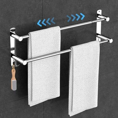 Productafbeelding van Handdoekhouder zonder boren, uitschuifbaar, 43-78 cm, 2-laags, roestvrij staal, met 2 handdoekhaken, zilverkleurig