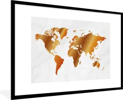 Produktbild von MuchoWow® Gerahmtes Poster Weltkarte - Marmor - Gold 90x60 cm - Poster mit Schwarzem Bilderrahmen Wandposter Rahmen Foto Bilder - Wanddekoration - Fotos