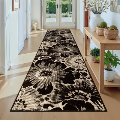 Zdjęcie produktu dla Dywan do przedpokoju, łatwy w czyszczeniu, antypoślizgowy, 60x240 cm, czarny i beżowy