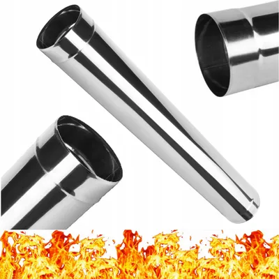Three stainless steel pipes, one large and two smaller, are arranged against a white background. The bottom of the image features a stylized depiction of flames.