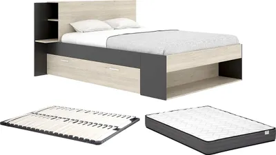 Produktbild von Bett 140 x 190 cm mit Kommode und - Natur und schwarz + Rahmen + Matratze - KEROSIA