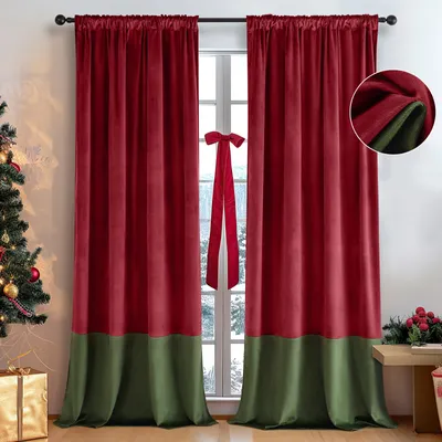 Produktbild von 2er Set Verdunklungsvorhang Blickdicht Samtvorhang Kräuselband Stangendurchzug,Thermovorhang Schlafzimmer Wohnzimmer Weihnachten, Rot+Grün B132xH274cm