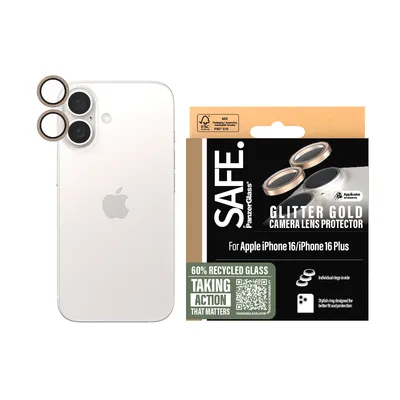 Produktbild von PanzerGlass SAFE. by ® Kameraschutz Glitter Gold iPhone 16 | 16 Plus, Apple, Apple - iPhone 16, Apple - iPhone 16 Plus, Trockene Anwendung, Kratzresistent, Schockresistent, Gold, 1 Stück(e)