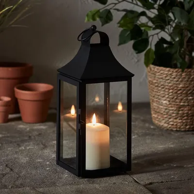 Deko-Laterne, schwarz, Metall, mit LED-Kerze, 34 cm