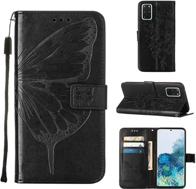 Produktbild von Galaxy S20 Plus Hülle, Schmetterling Prägung Flip Leder Kartenfächer Schutzhülle Ledertasche mit Ständer für Samsung Galaxy S20 Plus Schwarz