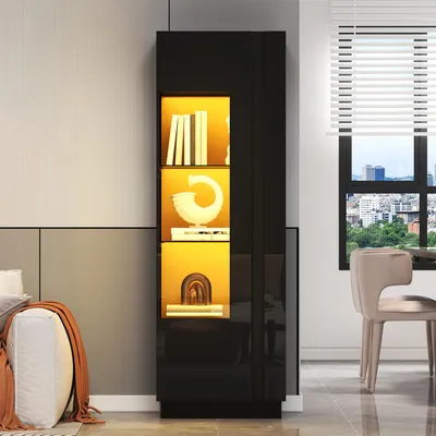 Image de Vitrine de 60 x 40 x 180 cm avec porte en acrylique, 5 étagères,LED via application, 2 séparations en verre trempé, façade haute brillance, panneau de particules, couleur noire