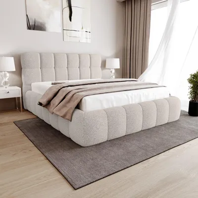 Obrázek produktu pro BEAUTYSOFA | Manželská postel CLEO 140x200 cm, čalouněná postel s úložným prostorem, matrací a topperem, béžová