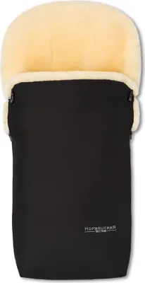 A black footmuff with a cream-colored fluffy lining at the top, shown from the front.