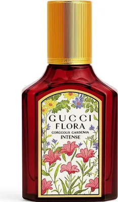 A product shot of a Gucci Flora Gorgeous Gardenia Intense EDP Vapo perfume bottle.