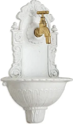 Immagine prodotto di Fontana a muro in ghisa bianca con rubinetto in ottone stile antico decorazione giardino esterno montaggio a parete 39 x 24 x 13 cm nostalgico distributore d'acqua per terrazza o balcone