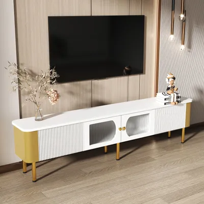 Produktbild von MODFU TV-Schrank Hochglanz Lowboard für 80-Zoll-TV, Fernsehtisch Wohnzimmerschränke mit Schubladen und speziell geformten Türverkleidungen, goldenen Griffen und Beinen, Bogenform für Wohnzimmer, weiß