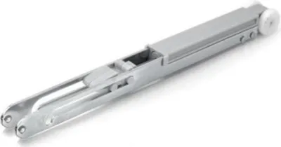 A silver colored mechanical part on a white background.