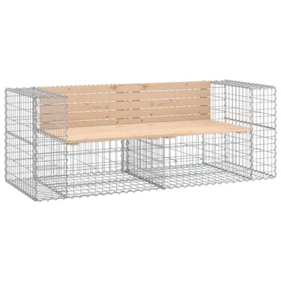 A gabion bench with a wooden seat and backrest, presented on a white background.